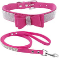 Cute Dazzling Sparkling Elegant Fancy Soft Suede Leather Bling Rhinestone Crystal Jeweled Pet Cat Dog Puppy Collar Dog Leash Combo Set (M(Neck 12.5-15"), Hot Pink-1)