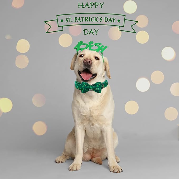 Elegant little tail St. Patrick's Dog Collar, Green Clover Print Sturdy Soft Dog Collars Pet Gift Puppy Bowtie Adjustable Pet Collars for X-Small Dogs