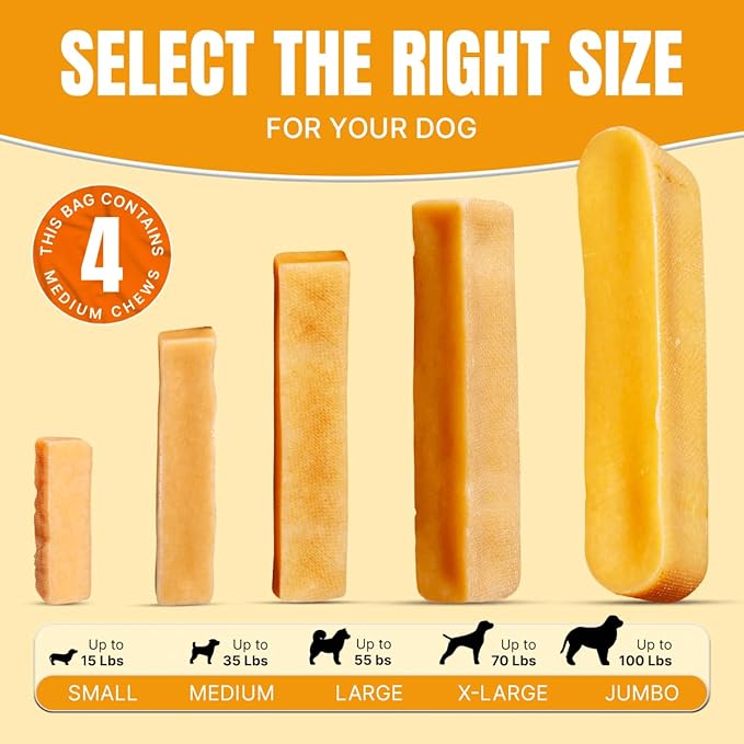 Tibetan Yak Cheese Dog Chew Sticks (4 Medium Chews) - Natural, Handmade, Long-Lasting, Easy to Digest, Ideal for Medium Dogs and Aggressive Chewers, Rawhide, Grain and Gluten Free, Keeps Dogs Busy