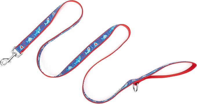 THE WORTHY DOG 5 FT Nylon Dog Leash for Small to Medium Dogs, Metal Quick Clip, Chomp Shark Pattern, Blue, Small