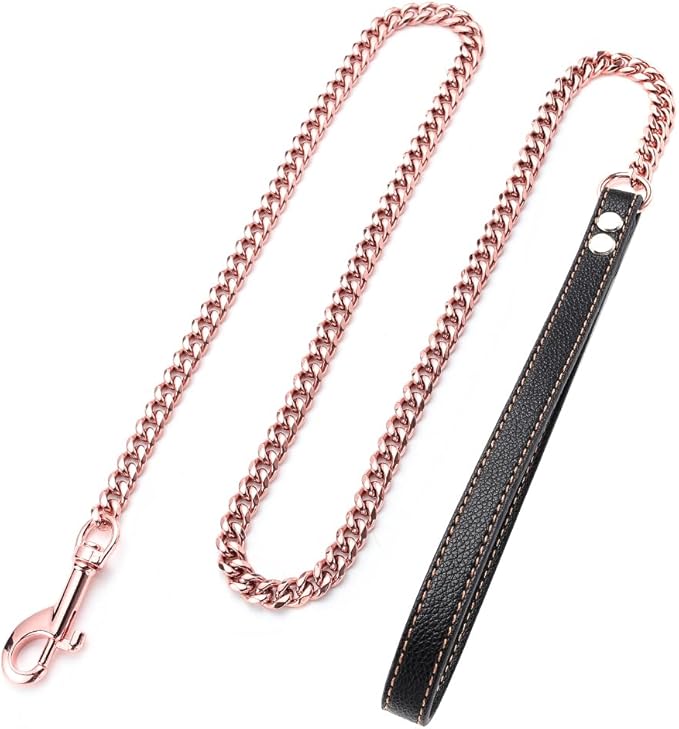 Rose Gold Dog Leash 11mm Cuban Link Chain Dog Leash Durable Stainless Steel Metal with Leather Handle for Small Medium Large Dogs 3FT/4FT/5FT(11mm,5ft)…