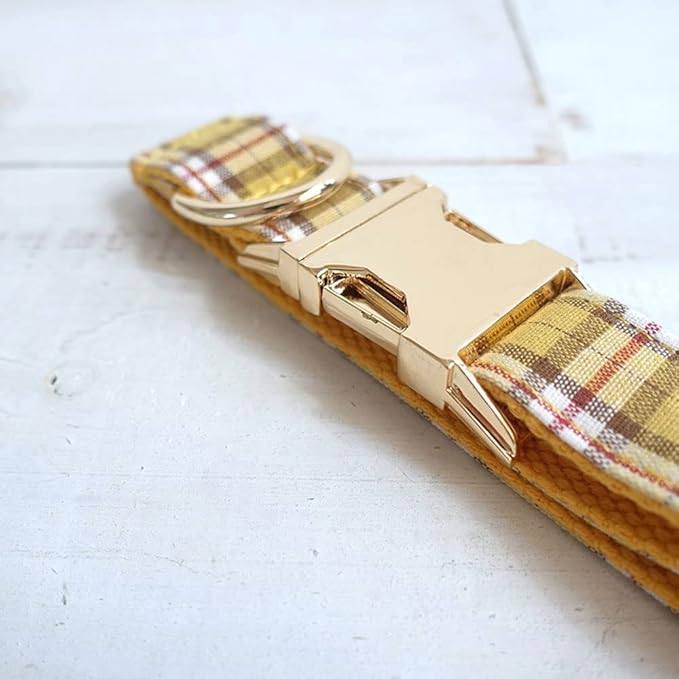PETDURO Personalized Plaid Dog Collar Lemon Yellow - Engraved Name and Phone Number on Gold Metal Buckle - Custom for Small Medium Large Boy Girl Dogs - Add Leash Bow Tie via Customize Now