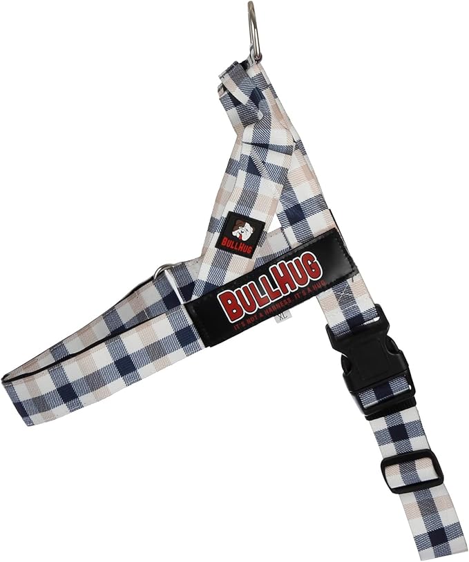 BULLHUG Adjustable Dog Harness– No Pull, No Choke – for English Bulldogs, French Bulldogs, Pugs & Broad-Chested Breeds – Easy, Safe Walks (Blue TAN Plaid, Small)