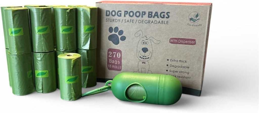 AIAG Dog Poop Bags for Waste with Dispenser - 270 Bags (18 Rolls, 15 Bags per Roll), Enhanced for Guaranteed Leakproof, Unscented, Includes Leash Clip, Thick Strong, 8.5"W x 11.5"L