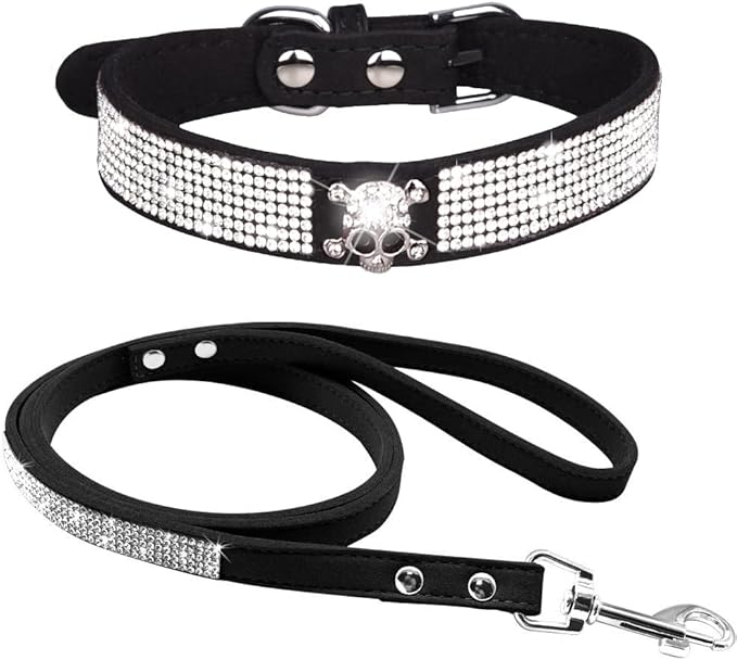 Cute Dazzling Sparkling Elegant Fancy Soft Suede Leather Bling Rhinestone Crystal Jeweled Pet Cat Dog Puppy Collar Dog Leash Combo Set (L(Neck 15-18"), Black-5)