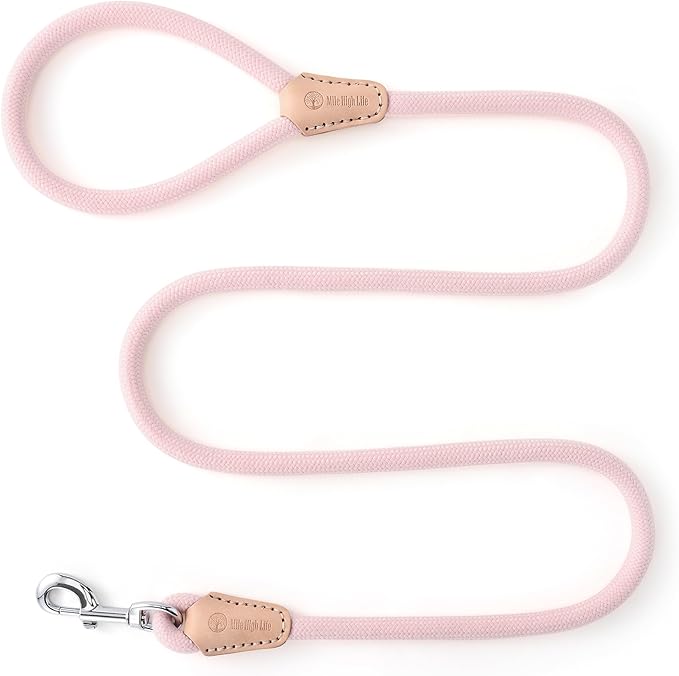 Mile High Life Dog Leash, Rope Leash with Genuine Leather Connection and Heavy Duty Metal Clasp, Great for Small Medium Large Dogs(Pink,72 Inch)