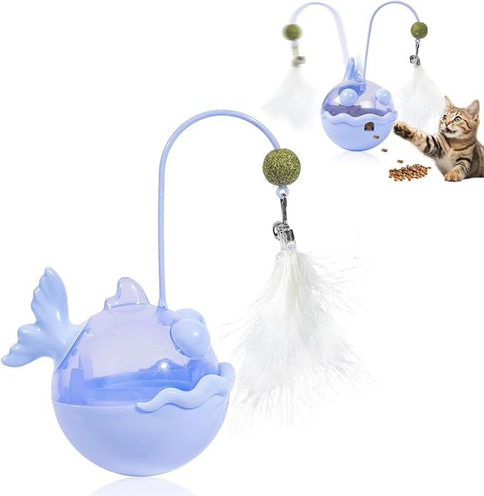 Cat Interactive Toys,Wobble Kitten Treat Dispensing Ball with Catnip and Feathers, Indoor Puzzle Slow Feeding, Cats Treat Dispenser Kicker Toy for Large, Medium and Small Cats (Blue, Fish