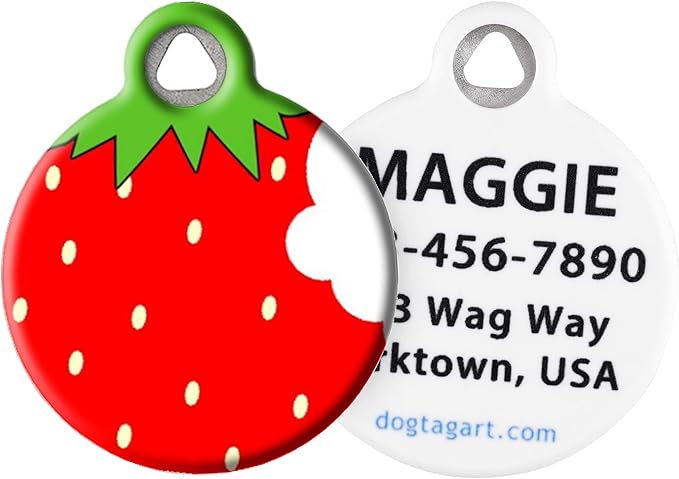 Dog Tag Art Strawberry Personalized Pet ID Tag for Dogs and Cats, Silent Polymer Coated Stainless Steel Nametag with Customized Identification Information - Large 1.25" Diameter