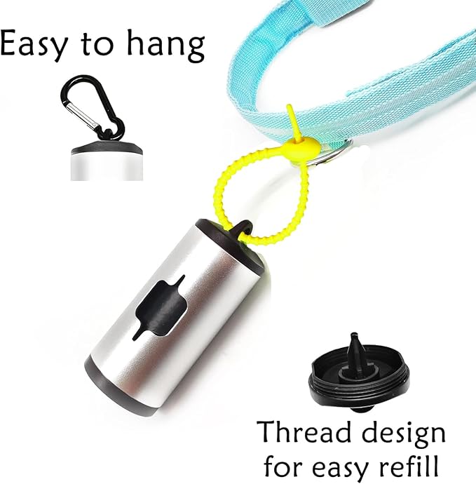 Aluminum Dog Poop Bags Holder with Carabiner Metal Pet Waste Bags Dispenser with Hook and Loop Fastener and Elastic Cord to Carry Used Bags (Silver, 1 Holder 15 Bags)