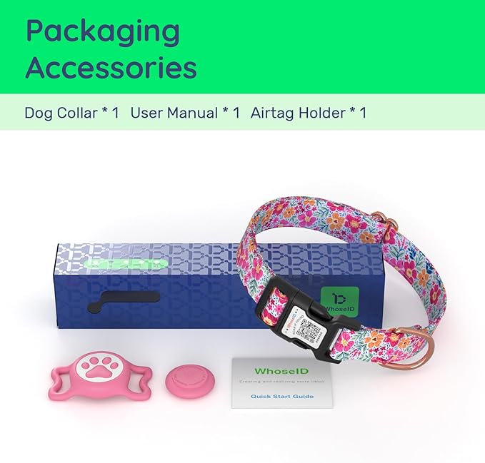 WhoseID Airtag Dog Collar,with Waterproof airtag Holder，Original Stylish Cute Pattern Design.QR Code ID Buckle，Comfortable Soft Cotton for Small Medium Large Dogs