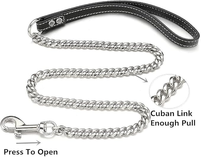 Silver Chain Dog Leash 11MM Solid Chew Proof 316L Stainless Steel Cuban Link Chain with Genuine Leather Handle Training Walking 3FT/4FT/5FT for Small Medium Large Dogs(11mm,3ft)…