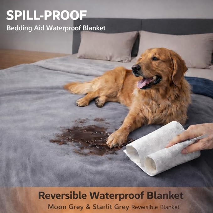 Waterproof Throw Blanket – Leakproof, Spill-Proof Flannel Blanket for Bed, Couch, Kids & Pets Protection, Reversible Water-Proof Design (Moon Grey & Starlit Grey, 40x60”)