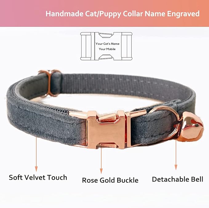 Cat Collar Personalized with Name Engraved and Bell, Customized Velvet Collars for Puppy Kittens (Grey, L)
