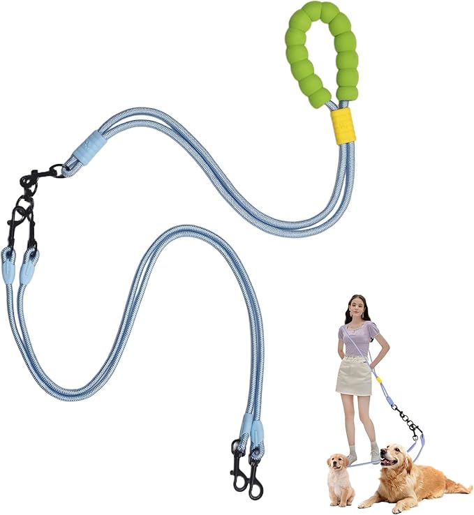 Double Dog Leash No Tangle, Adjustable Split Leads Dual Pet Walking Leash with Comfortable Padded Handle for Two Dogs, Hands - Free Dual Leashes for Small/Medium Pets (Blue, Double Leashes)