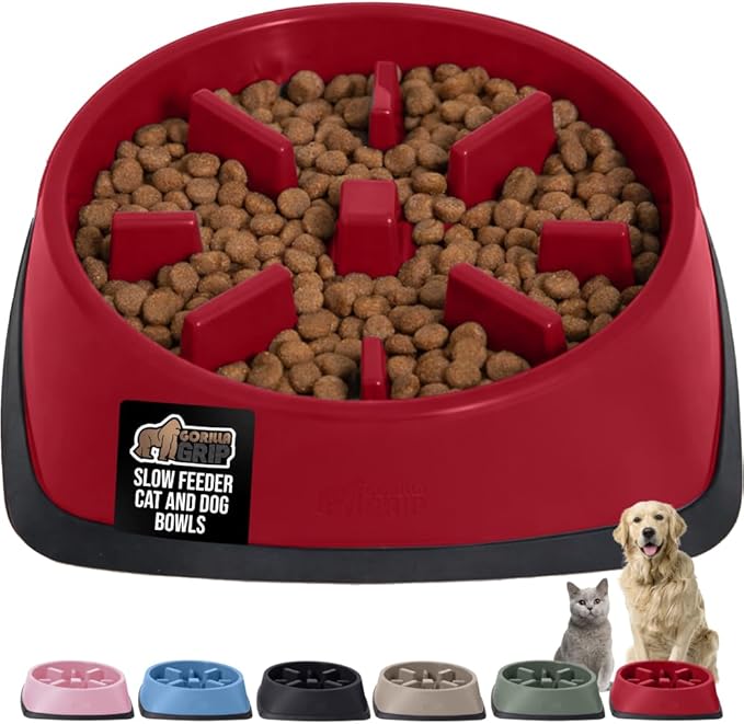 GORILLA GRIP Patented BPA Free Slow Feeder Dog Bowls, Interactive Puzzle Toy for Dogs and Cats Food Training Enrichment, Keeps Pets Busy and Prevents Puppy Overeating, All Breeds, 2 Cup, Red