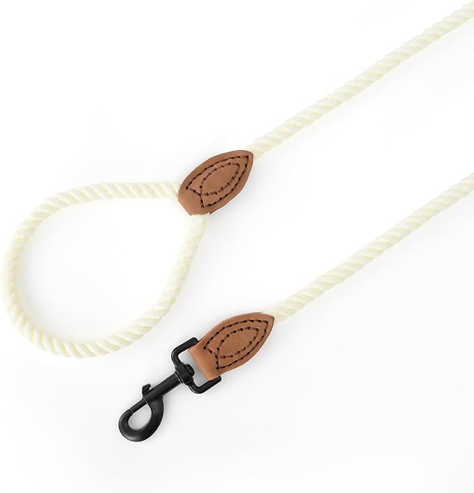 Mile High Life Dog Leash, Braided Cotton Rope Leashes with Leather Tailor Tip with Leather Tip - Heavy Duty Metal Clasp, 4FT, 1/2" Thick - Wedding, Walking Leash for Medium Large Dogs(Cream White)