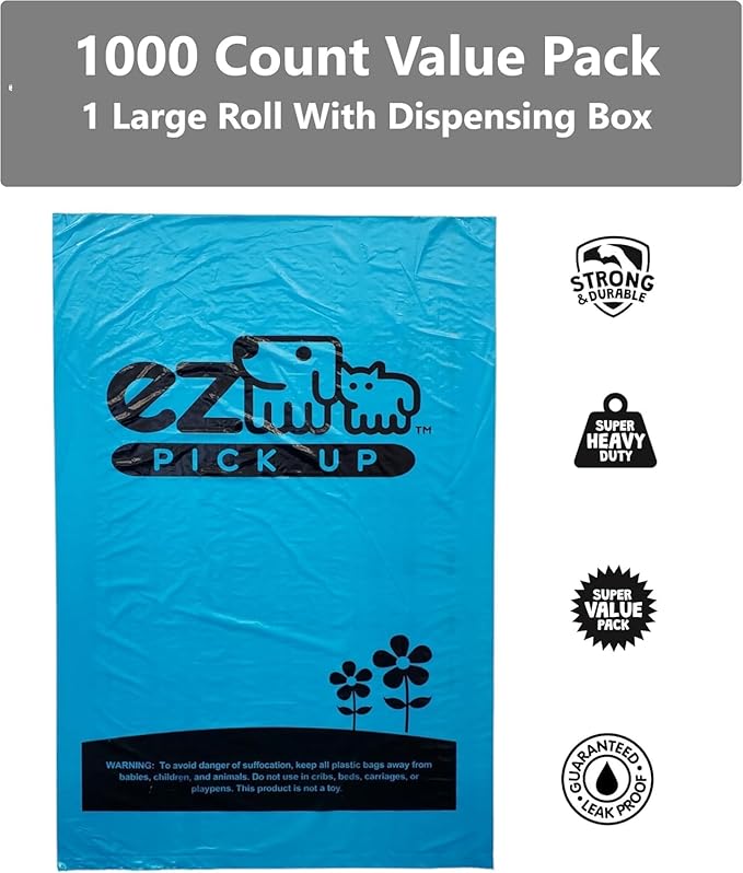 EZ Pick Up 1000 Count Dog Waste Poop Bags, Unscented Single Roll, Heavy Duty, Improved Thickness (Blue - 1000ct)