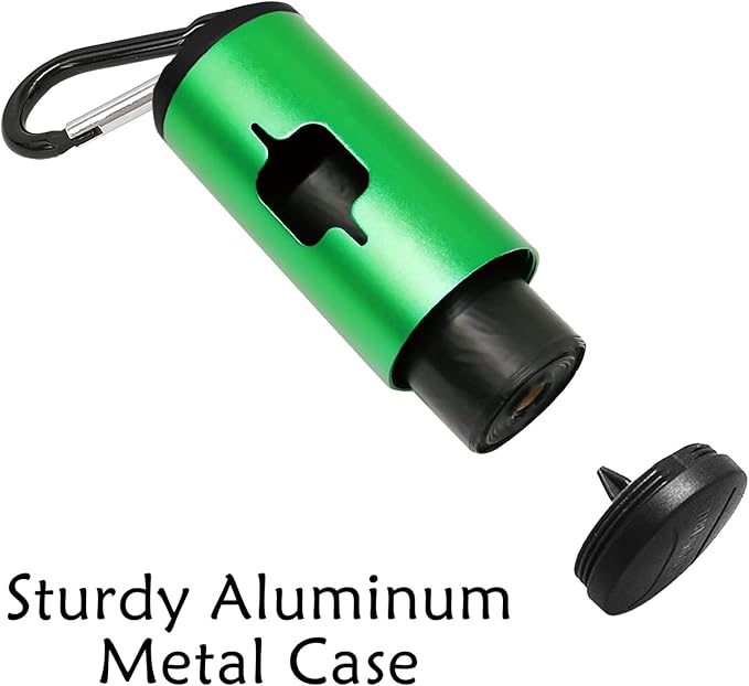 Aluminum Dog Poop Bags Holder with Carabiner Metal Pet Waste Bags Dispenser with Hook and Loop Fastener and Elastic Cord to Carry Used Bags (Emerald Green, 1 Holder 15 Bags)