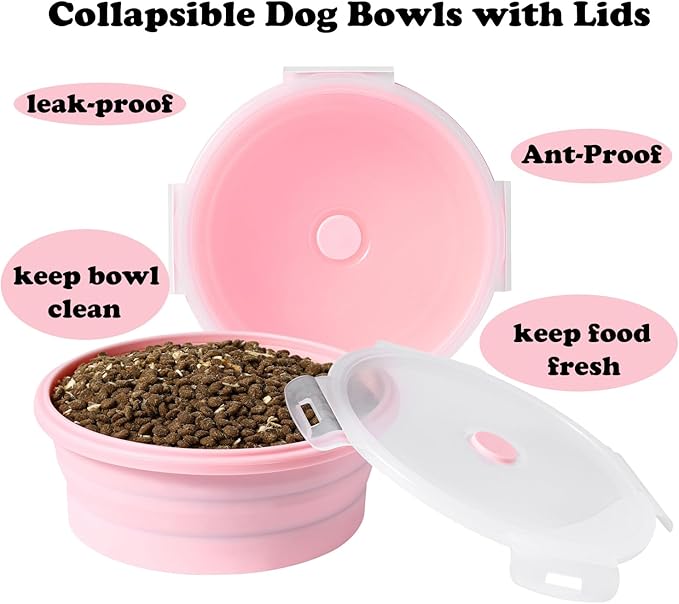 Collapsible Dog Bowls with Lids, 2 Pack Portable Travel Dog Bowls for Small Medium Large Dogs, Silicone Foldable Outdoor Dog Cat Food Water Bowls for Camping Hiking Road Trip, Pink 40 oz