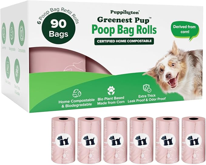 Puppington Certified Home Compostable Poop Bags -ASTM D6400 Compliant- 90 Extra Thick Bags - Plant Based- Pairs with Puppington 3-in-1 Bag & Fits all Standard Poop Bag Dispensers (Blush Pink)