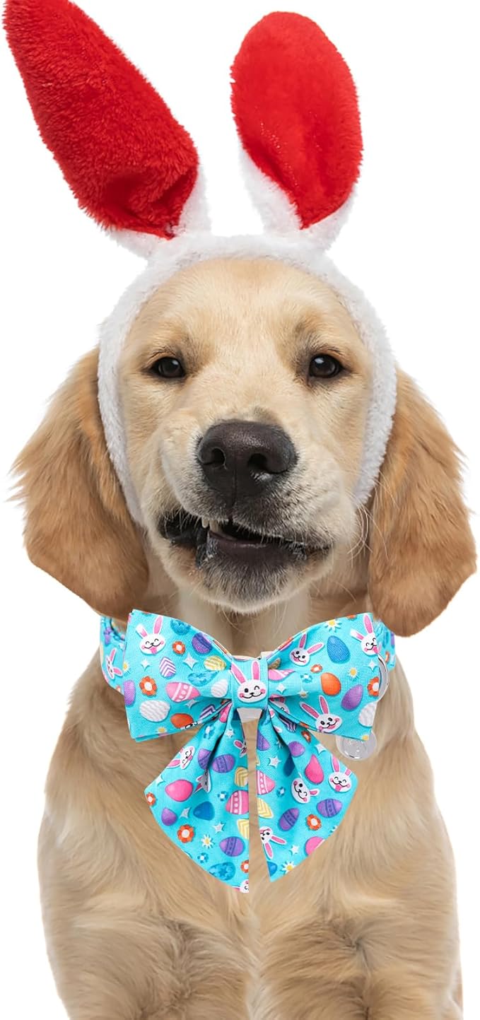 DOGWONG Cotton Easter Dog Collar with Bowtie, Soft Adjustable Blue Rabbit Easter Day Dog Collar Cute Egg Puppy Collar for Small Medium Large Dog