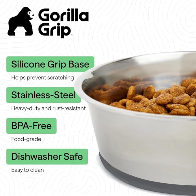GORILLA GRIP Dog Bowls, Heavy Duty 304 Stainless Steel, Holds 2 Cups Each (16 fl oz) Food and Water Bowl for Feeding Dogs and Cats, Dishwasher Safe, Rust Resistant, BPA Free Rubber Base Set of 2 Gray