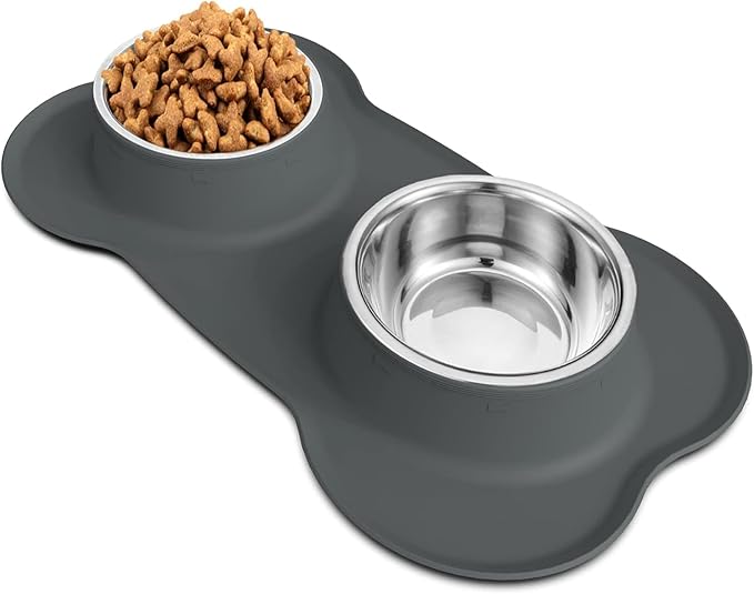 AsFrost Dog Food Bowls Stainless Steel Dog Food & Water Bowl Set with No Spill Non-Skid Silicone Mat, Dog Dishes Pet Feeding Bowls for Small Medium Large Sized Dogs Cat Puppy Food Bowl, Grey, 4 Cup