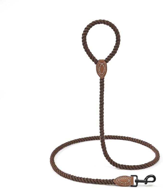 Mile High Life Dog Leash, Braided Cotton Rope Leashes with Leather Tip - Heavy Duty Metal Clasp, 6FT, 1/2" Thick - Wedding, Walking & Training Leash for Small Medium Large Dogs (Dark Brown)