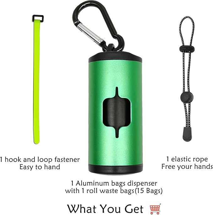 Aluminum Dog Poop Bags Holder with Carabiner Metal Pet Waste Bags Dispenser with Hook and Loop Fastener and Elastic Cord to Carry Used Bags (Emerald Green, 1 Holder 15 Bags)