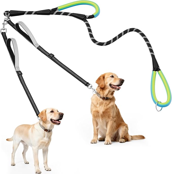 XiaZ Double Dog Leash for Two Dogs, No Tangle with 360° Swivel & 4 Comfortable Handles, Heavy Duty Dual Dog Leash with Highly Reflective Rope, Adjustable Split Leash for Small Medium Dogs, 3/8”Black