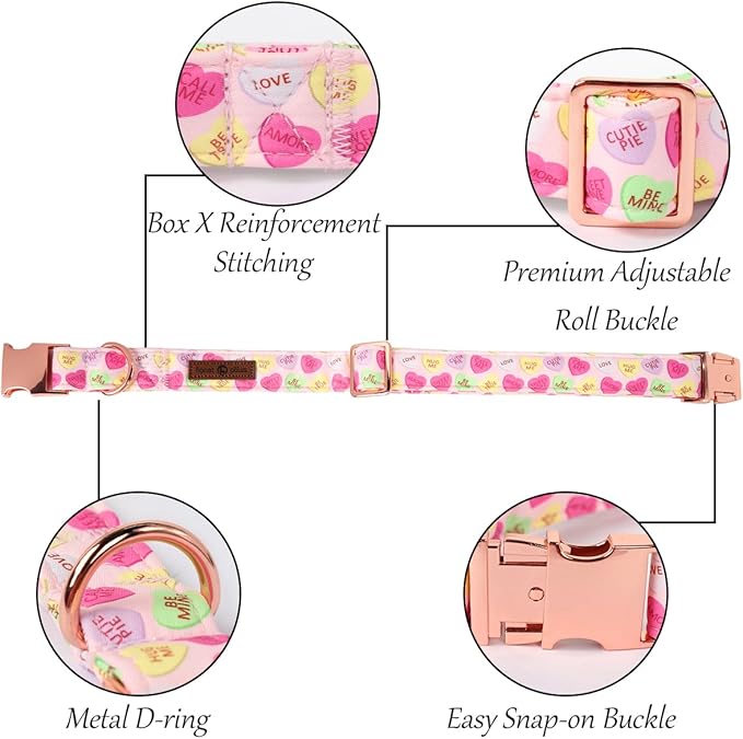 Lionet Paws Valentine's Pink Dog Collar, Cute Heart Dog Collar for Medium Dogs, Adjustable Cotton Pet Collars for Small Medium Dogs