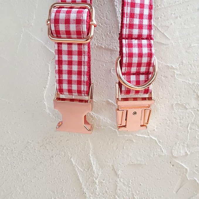 PETDURO Personalized Gingham Plaid Dog Collar Red - Engraved Name and Phone Number on Rose Gold Metal Buckle - Custom for Small Medium Large Boy Girl Dogs - Add Leash Bow Tie via Customize Now