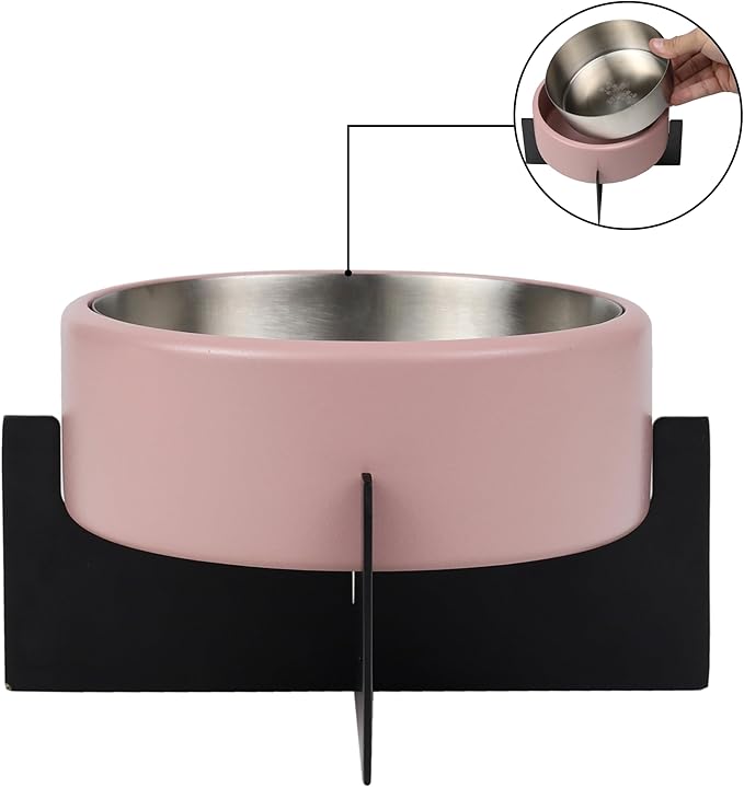 DBL3000D Intersecta Small/Medium Concrete and Stainless Steel Bowl 16oz (2 Cups) with Metal Stand Pet Feeder, Pink/Black
