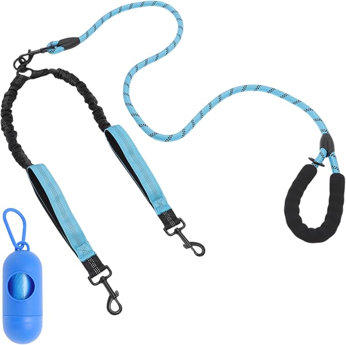 Double Dog Leash, Hands-Free Dual with Comfortable Padded Handle, Double for Two Dogs, Adjustable Length, Blue, 1 Set