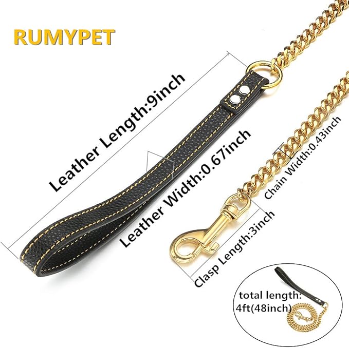 18K Gold Dog Chain Leash 11MM Solid Chew Proof 316L Stainless Steel Cuban Link Chain with Smooth Leather Handle Beautiful Leash for Walking Training 3FT/4FT/5FT(11mm,4ft)…