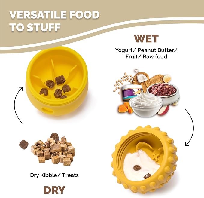 POPUPJOYS Interactive Treat Dispensing Dog Toys for Mental Stimulation & Healthy Eating | Enrichment Treat Toy with Detachable Lid for All Dog Sizes | Food-Grade Silicone, Dishwasher Safe (Yellow)