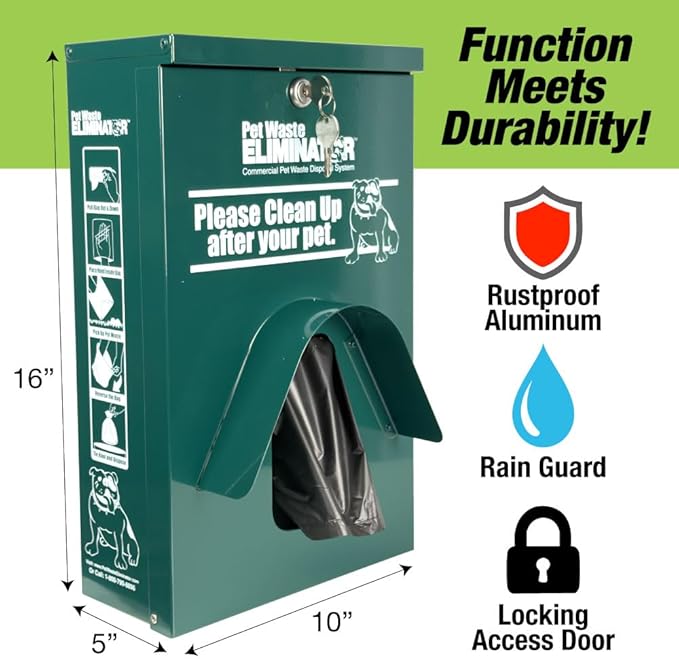 Outdoor Dog Poop Bag Dispenser - Includes 800 Header Bags - Wall/Pole/Fence Mount - Durable Rustproof Aluminum with Lock & Rainguard (Green)
