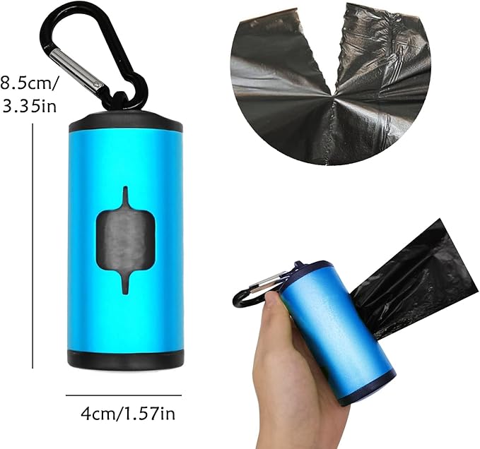 Aluminum Dog Poop Bags Holder with Carabiner Metal Pet Waste Bags Dispenser with Hook and Loop Fastener and Elastic Cord to Carry Used Bags (Blue, 2 Holder 30 Bags)