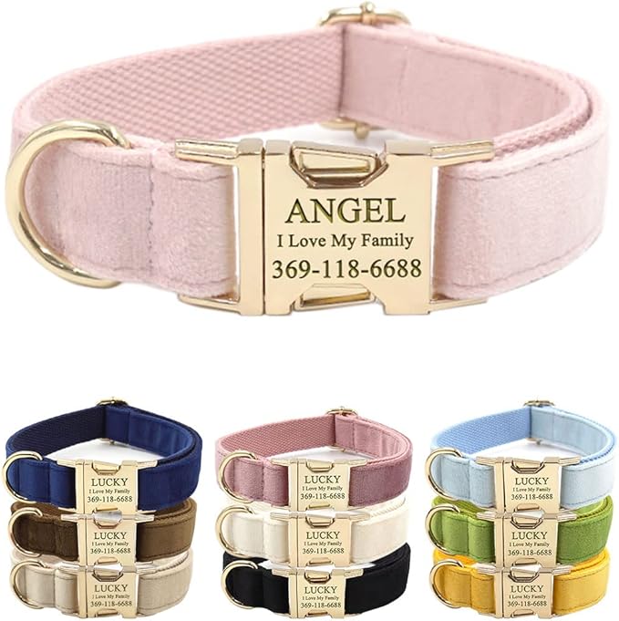 PETDURO Custom Dog Collar Personalized with Name Engraved Quick Release Rose Gold Metal Buckle for Large Medium Small Girl Dogs - Dog Leash and Bow Tie Available - Soft Comfy Velvet (Pink, XS)