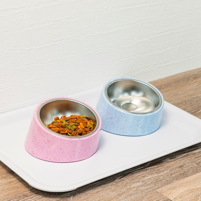 bzyoo 16oz Tilted Dog Bowl for Small Dogs & Cats, 15° Elevated Stainless Steel Pet Feeder, Ergonomic Anti-Vomiting Food Bowl for Frenchie, Pug, Persian Cat, Non-Skid Melamine Stand, Sprinkle (White)