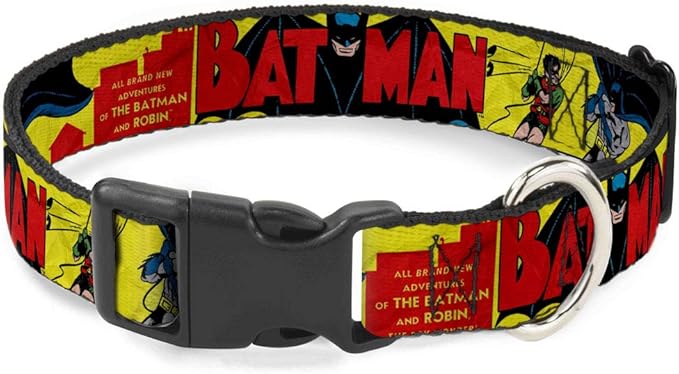 Dog Collar Plastic Clip Classic Batman Issue 1 Robin Batman Cover Pose Yellow Red 18 to 32 Inches 1.5 Inch Wide