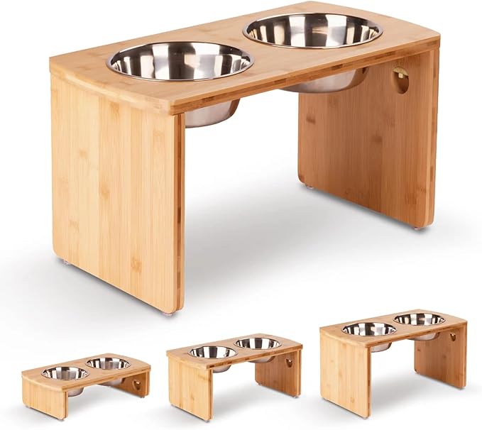 Elevated Dog Bowls, Bamboo Raised Dog Bowl for Large Dogs, with 2 Stainless Steel Bowls (13'' Tall-68oz Bowl, Natural)