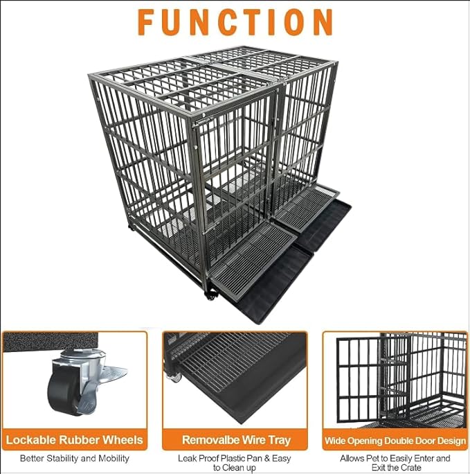 54 inch Heavy Duty Indestructible and Escape-Proof Dog Crate Cage Kennel for Large Dogs, High Anxiety Dog Crate with Removable Wire Trays and Wheels, Extra Large XL XXL, Black