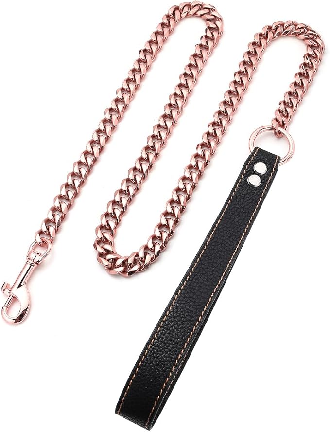Rose Gold Dog Leash 15mm Cuban Link Chain Dog Leash Durable Stainless Steel Metal with Leather Handle for Small Medium Large Dogs 3FT/4FT/5FT(15mm,4ft)…