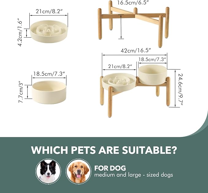 Ceramic Raised Slow Feeder Dog Bowl Set, Elevated 7.3inch Bowl and 8.2inch Puzzle Slow Dish with Wooden Stand for Medium and Large Dog, Anti-Gulping (2X Beige+ Stand)