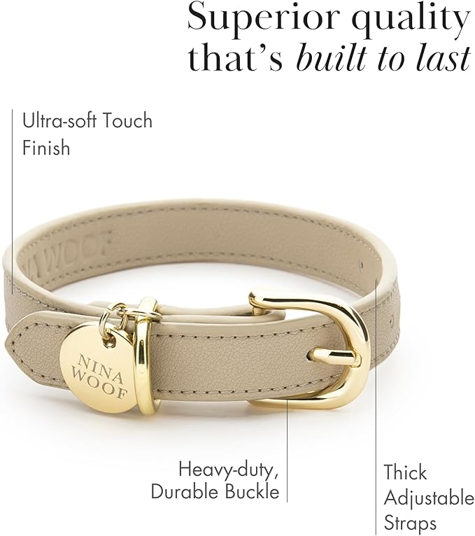 NINA WOOF Copenhagen Leather Dog Collar - Handmade with Vegan Soft Leather Round Padded Collar with Adjustable Buckle for Extra Small, Small, Medium, and Large Dogs - Color Beige, Extra Small
