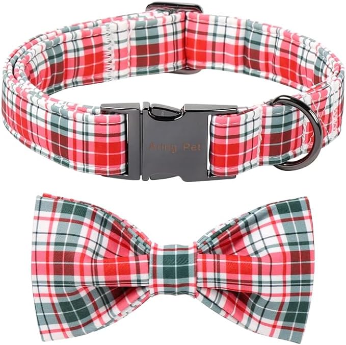 ARING PET Christmas Dog Collar with Bow, Cute Xmas Red Green Plaid Bowtie Pet Collars for Puppy Small Medium Large Girl Boy Dogs-L