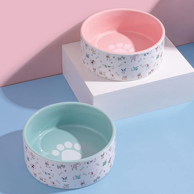 Fun Elements Ceramic Dog Bowls - Large, 64 Fl Oz Heavy Duty, Adorable Dog Patterns (Large, Blue)