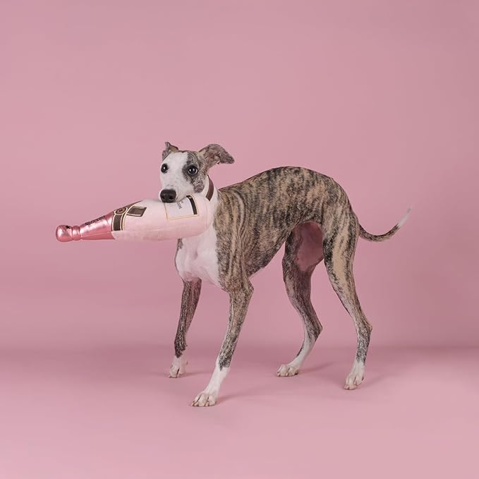 CHEWFFON Dog Toy, Squeaky Dog Toys for Boredom, Plush Pet Present Chew Toy for All Breeds Dogs, Pink Champagne Shape Interactive Puppy Toys for Birthday Stimulating Gifts