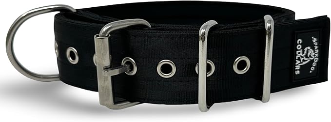 SparkDog Collars Working Dog Collar - 2" 4ply Padded Dog Collar Heavy Duty Stainless Steel Tactical Seatbelt Wide Buckle Collar (Black 2.0, 16-21" Large)